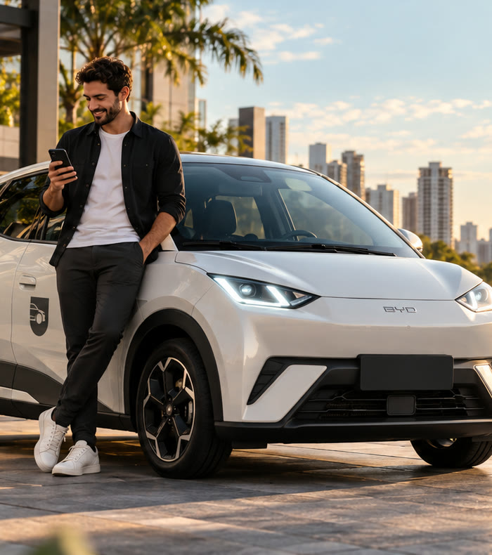 Motorista usa o celular encostado em um carro elétrico branco enquanto ele recarrega.